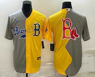 Mens Boston Red Sox Big Logo Grey Yellow Split Cool Base Stitched Jersey->boston red sox->MLB Jersey